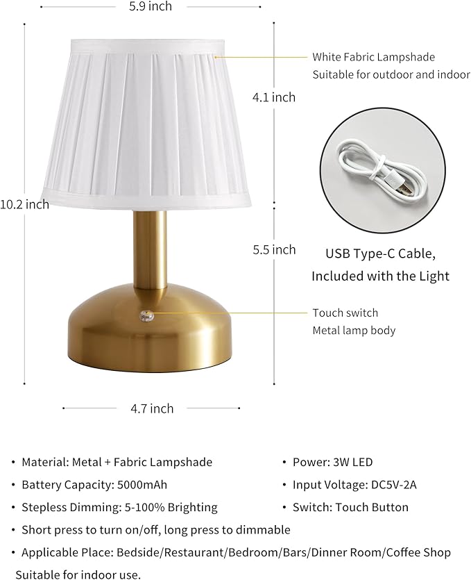 KDG Modern Cordless Small Table Lamp, Portable LED Fabric Shade Desk Lamps, 5000mAh Rechargeable Battery Operated Lighting for Bedroom, Bedside, Bar, Living Room, Dining Room, Night Light(Gold)