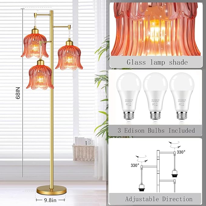 Pink Floor Lamp for Living Room,Bedroom,Gold Mid Century Modern Standing Lamp Brass Tree 3 Light Tall Floor Lamps Floor Lights Glass Flower Lamp Shade Girls Kids Boho Bohemian