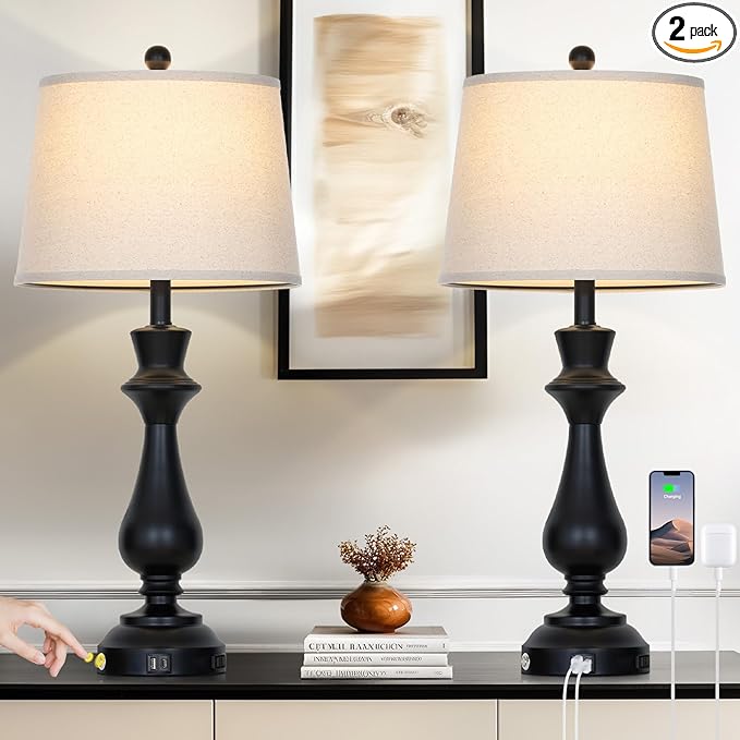 Touch Lamps for Night Stands Set of 2-29.5" Tall Bedside Lamp with USB C+A, 3 Way Dimmable Bedroom Lamps, Black Metal Table Lamps for Living Room