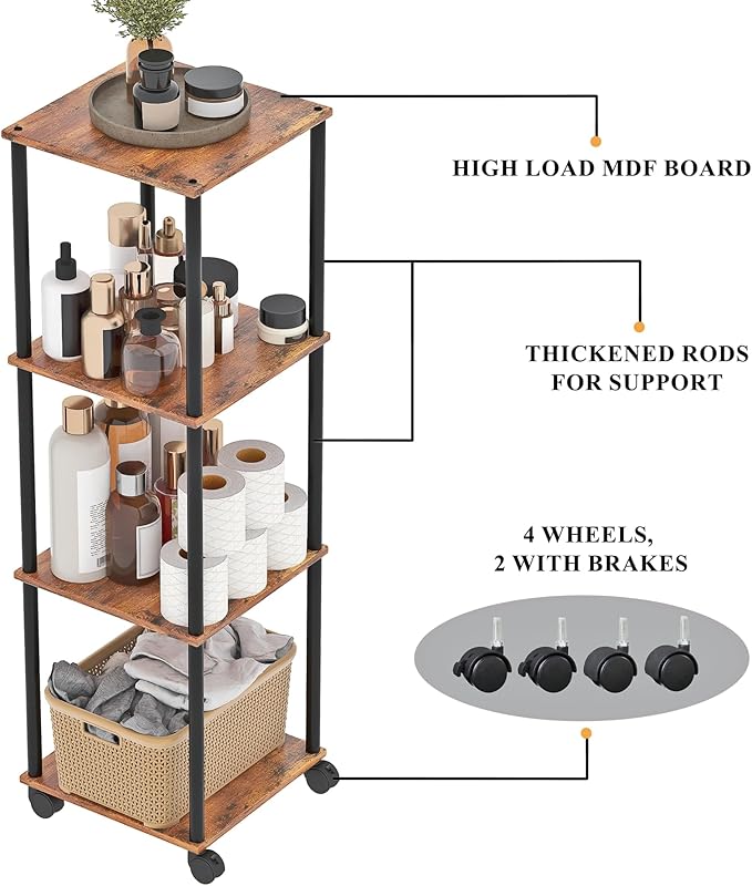 Bathroom Shelving Unit with Wheels, 4-Tier Narrow Open Floor Shelves, Metal Corner Slim Storage Rack for Bathroom Laundry Room Kitchen Living Room, Rustic Brown