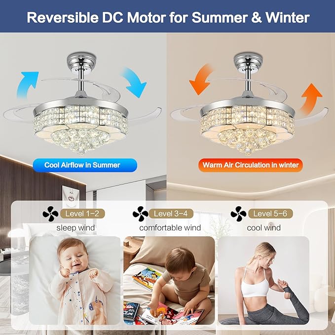 36" RGB Retractable Crystal Ceiling Fan with Light and Speaker Dimmable Bluetooth Chandelier Fan, 6 Speed Timer Fandelier, APP/Remote Control & Speaker for Bedroom,Silver
