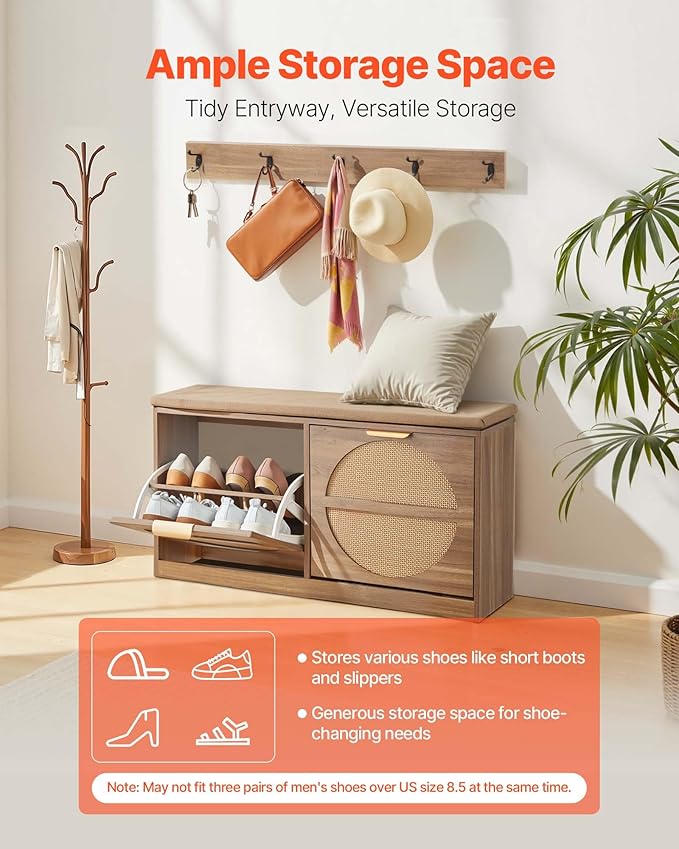 VEVOR Shoe Storage Bench, Rattan Entryway Bench with Coat Rack & Padded Cushion, Shoe Cabinet Holds up to 440 lbs, 38.9x 9.4x19.7 Inche for Hallway, Living Room, Bedroom