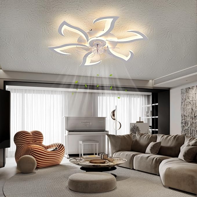 Modern Ceiling Fan with Light and Remote, Low Profile 32 Inch White Flush Mount Fandelier Ceiling Fan for Kitchen Bedroom