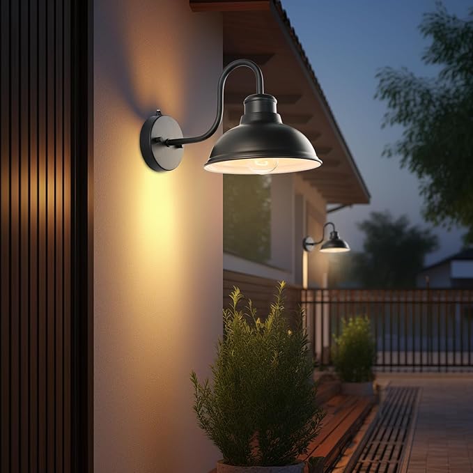 12" Outdoor Barn Gooseneck Light 2 Pack, Large Exterior Wall Sconce, Black Classic Farmhouse Industrial Wall-Mounted Barn Light Fixture for Garage/Porch/Patio
