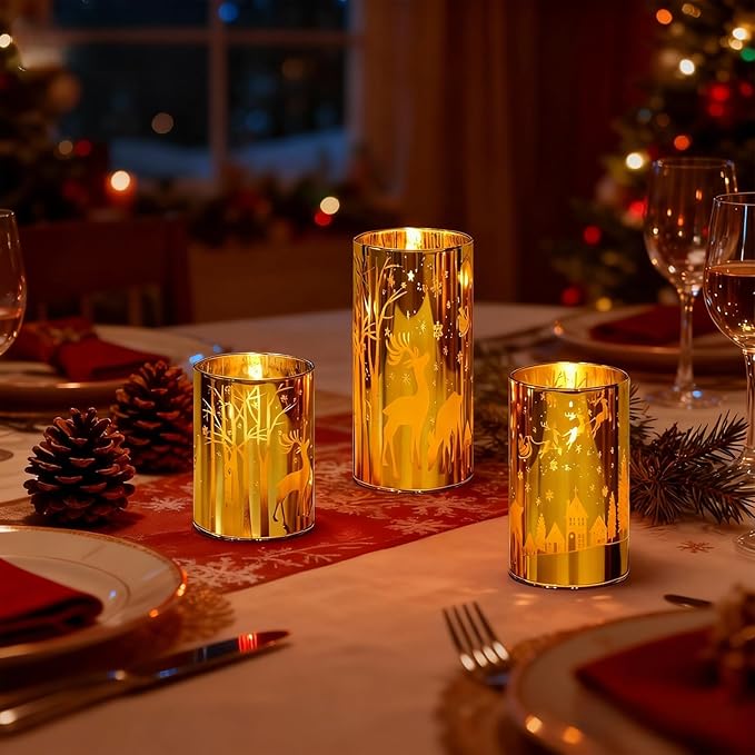 Wondise Christmas Gold Reindeer LED Flameless Candles with Remote Timer, Electroplate Glass Battery Operated Real Wax Flickering 3D Wick Pillar Candles for Christmas Holiday Home Decoration