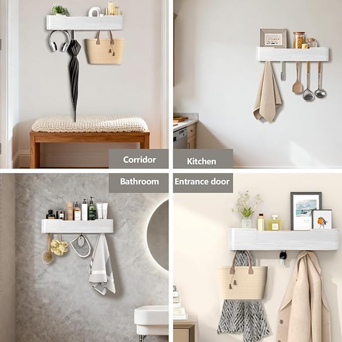 Coat Rack Wall Mount Entryway Organizer Modern Key Holder Wall Mount with Wooden Shelf Entryway Hooks for Bedroom Kitchen Hallway Bathroom for Hanging Coats Hats Dog Leashes Bags Towels