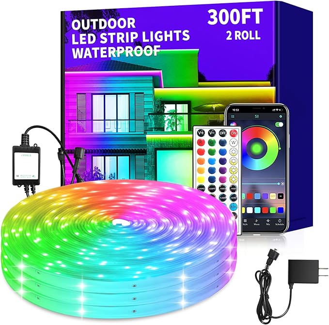 300ft Outdoor LED Strip Lights Waterproof,IP68 Outside Led Light Strips Waterproof,Color Changing with App/Remote Control,Music Sync RGB Outdoor Led Rope Lights for Bedroom（2 Rolls of 150ft）
