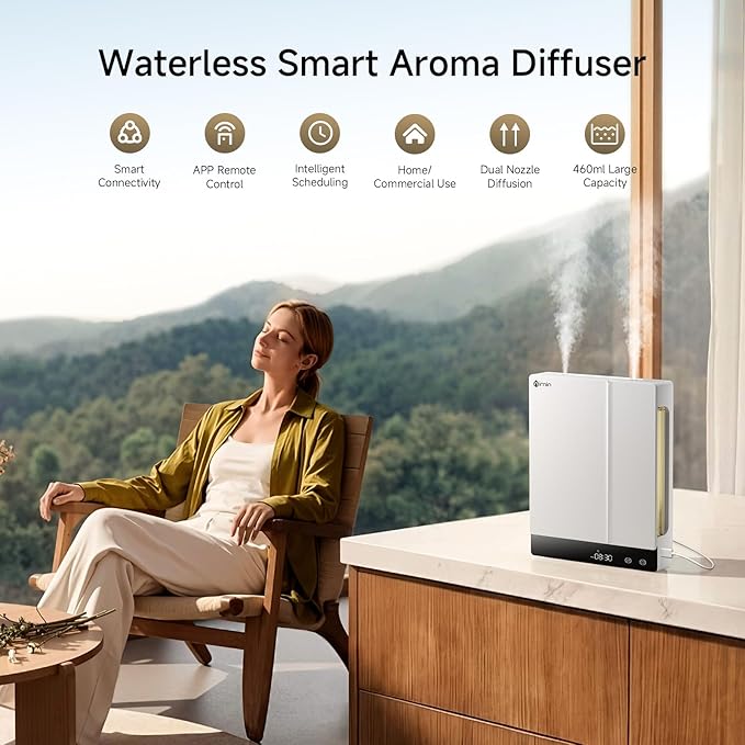 Smart Waterless Essential Oil Diffuser - Aromatherapy Scent Machine for Home & Office, Xiaomi Home APP, Remote Control, Dual Chambers/Nozzles, 2×230ml Oils, Hotel Collection, Wall/Desktop
