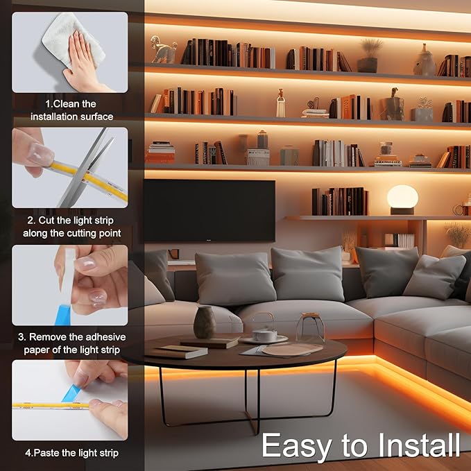 24V COB LED Strip, LED Strip for Bedroom, 16.4FT Remote Control LED Strips, Warm LED Light Strip, COB Flexible Light for Bedroom Cabinet Vanity Mirror DIY Lighting