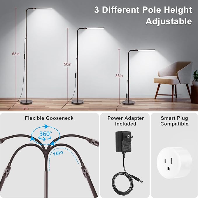 Floor Lamp, 18W/2000LM Bright LED Floor Lamp with Double Head, Adjustable Gooseneck Dimmable Craft Light for Sewing Tatoo Makeup, Eye Caring Brown Reading Floor Lamps for Living Room Bedroom Office