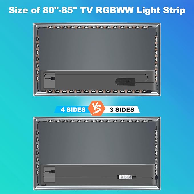 Bluetooth RGBWW LED Lights for 80-85 Inch TV with App Control, RGB+Tunable White 3000K-6500K TV LED Backlight with RF Remote, Music Sync Indoor for TV, Gaming