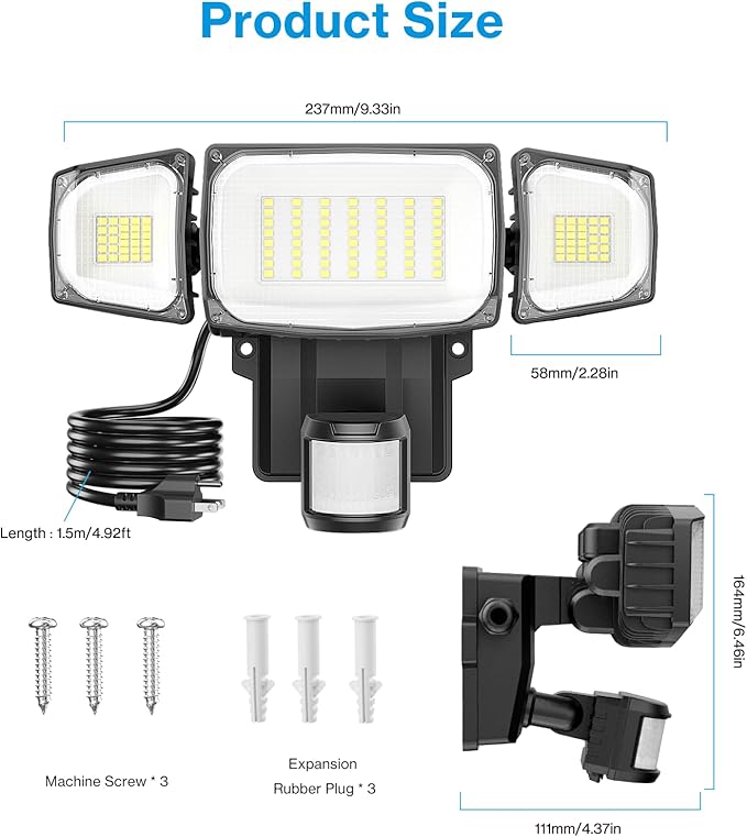 Olafus 70W Motion Sensor Outdoor Light Plug in, Motion Flood Light Dusk to Dawn, 7000LM LED Security Light IP65 Waterproof, Motion Activated 6500K PIR Sensor Lighting for Garage Yard Patio Eave, Black