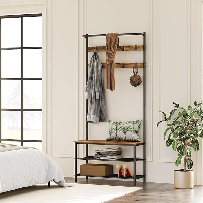 Hall Tree, Coat Rack with Shoe Bench, 4-in-1 Entryway Bench with Storage Shelves, Hanging Rod and 8 Movable Hooks, Hall Tree with Storage Bench for Hallway, Rustic Brown and Black MT02BR