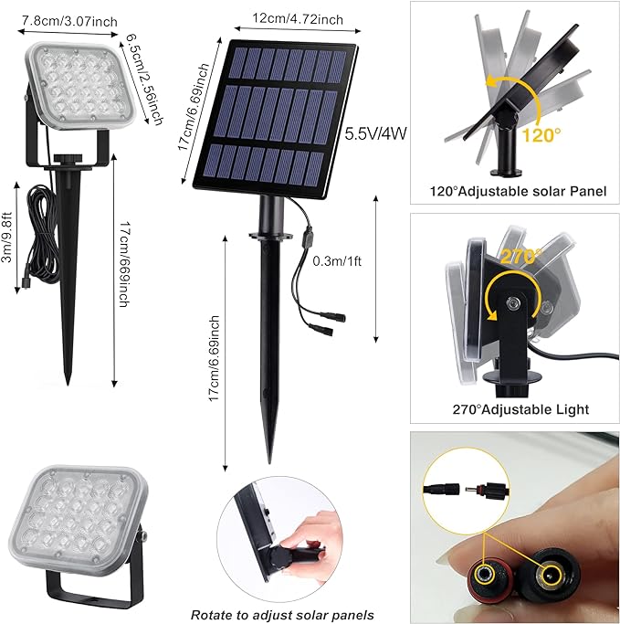Solar Spot Lights Outdoor, 20 LED IP65 Waterproof Landscape Lighting, Dusk-to-Dawn 3000K Warm White Solar Outdoor Lights for Yard Garden Driveway Porch Walkway, 2-in-1