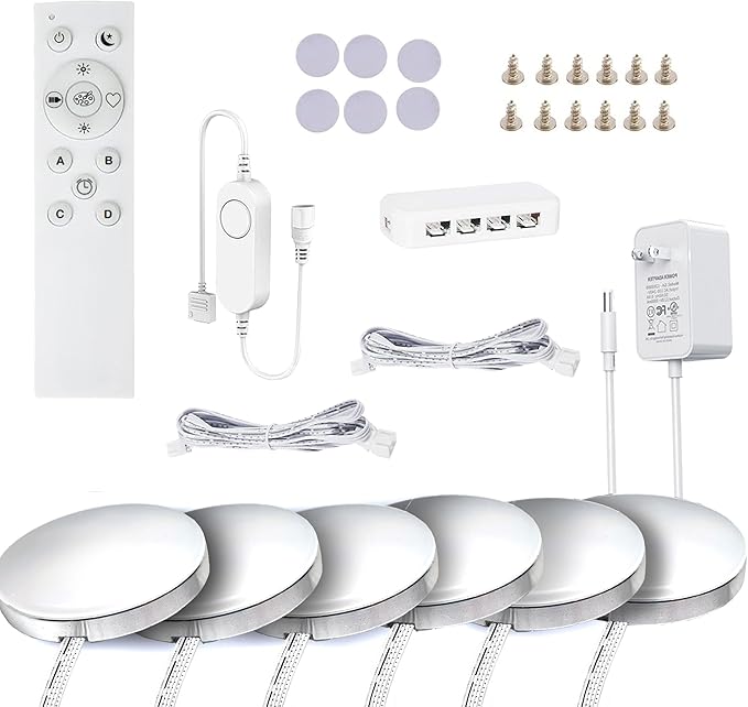 6 PCS Aluminum Round WiFi RGB Under Cabinet Lights Kit,Compatible with Alexa,Google Assistant,App and 2.4G RF Remote,Music Sync LED Light with Timmer Dimmable Under Counter Lights for Kitchen Bedroom