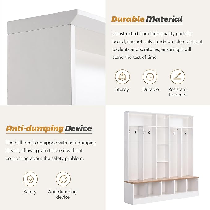 Modern Hall Tree with Storage Bench, Minimalist Shoe Cabinet with Cube Storage & Shelves, Multifunctional Coat Rack with 8 Hooks for Entryways Mudroom Hallway (White + Particle Board-Q13)