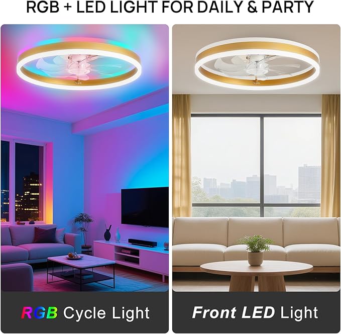 RGB Ceiling Fans with Lights, 20" Fandelier Low Profile Ceiling Fan with Light, Modern Flush Mount Ceiling Fan Light with Remote/APP Control, Bedroom Chandelier Fan Fixture for Indoor(Gold)
