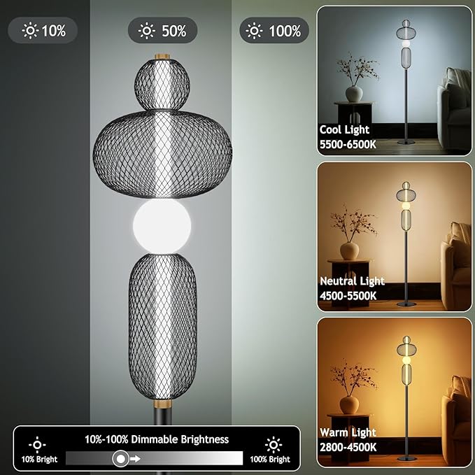 NUÜR LED Dimmable Floor Lamp with Remote & Foot Switch, Adjustable Color Temperature & Stepless Dimming, Modern Industrial Mesh-Shade Tall Standing Lamp, Black Corner Lamp for Living Room Bedroom