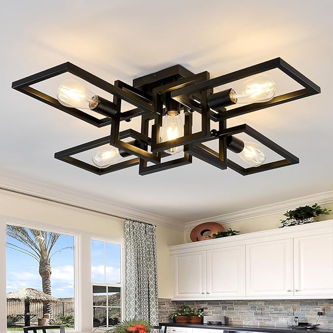 ZGLAOJT Black Industrial Semi Flush Mount Ceiling Light 5-Light Kitchen Light Fixtures Modern Large Matte Sputnik Chandelier for Dining Room Bedroom Farmhouse Living Room