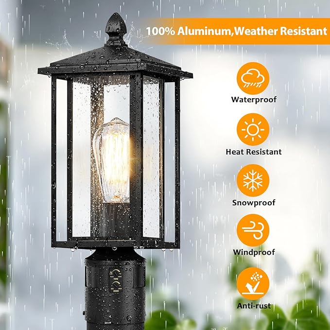 17" Motion Sensor Outdoor Post Lights, Dusk to Dawn Lamp Post Light Fixture with Tempered Glass, Waterproof Aluminum Pole Lights, Outside Lamp Posts Outdoor Lighting for Garden Yard Pathway (2-Pack)