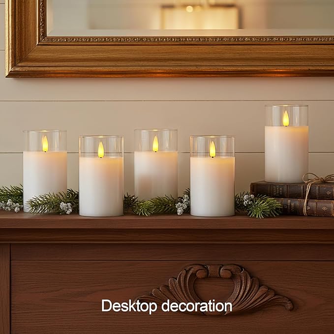 5plots Flameless Battery Operated Candles Set of 3, White LED Candles with Remote Timer, Real Wax Glass Pillar Candles Warm Flickering Light for Indoor Home, Halloween, Christmas Decor D3 x H6 6" 6"