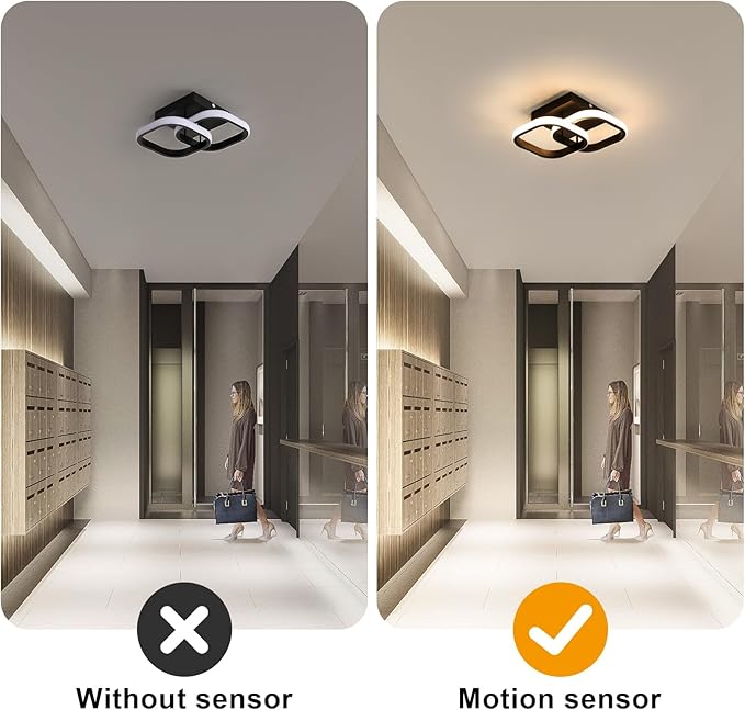 Modern LED Ceiling Light with Motion Sensor,22W Close to Ceiling Light Fixtures,Warm White 3000K Black 10 Inch Square Design Flush Mount Ceiling Light for Hallway Porch Stair Closet Basement