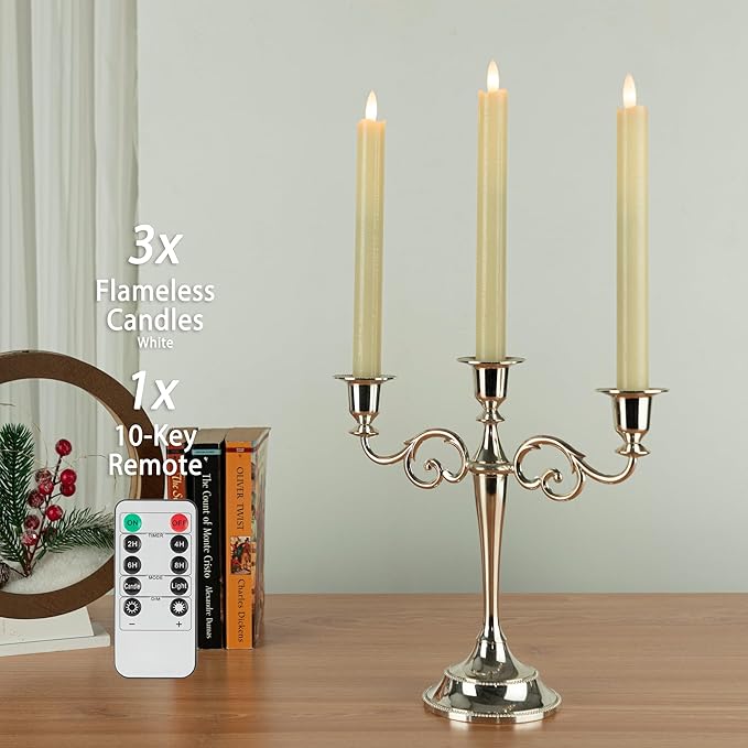 Flameless Taper Candles with Rmote, 9.6" Real Wax Battery Operated Candles with 3D Wick, 3 Pack Led Flickering Candlesticks, Electric Candle for Home, Wedding, Party Decor, Ivory