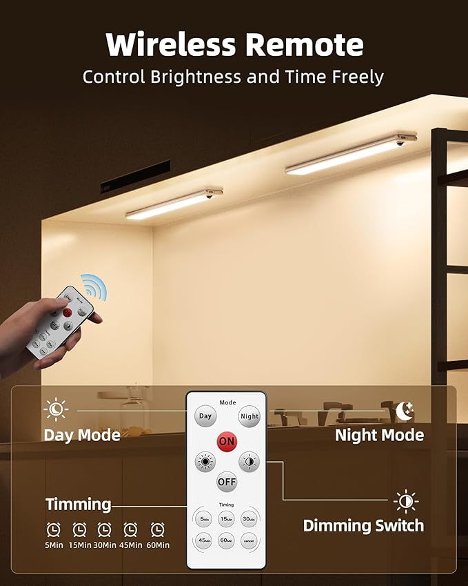 EZVALO Under Cabinet Lights,14.5'' Motion Sensor Light Indoor Dimmable, 4000mAh Rechargeable Closet Lights 3500K with Remote Control, Wireless Under Counter Light for Kitchen,Cabinet (Warm-6Pack)