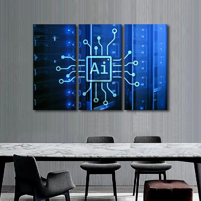 AI Art Prints for Wall Decor 3 Pieces Framed Wall Art AI Intelligence Modern Artwork for Home Walls Automation Canvas Prints Room Wall Decor Framed Ready to Hang Posters, 60" Wx40 H