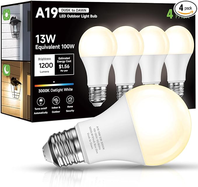 Dusk to Dawn Sensor LED Outdoor Light Bulb, Warm White 3000K, A19 13W(100 Watt Equivalent) Bright Porch Lighting, 1200LM, Auto-On/Off Photocell Sensor for Garage Yard Patio Garden-4 Pack