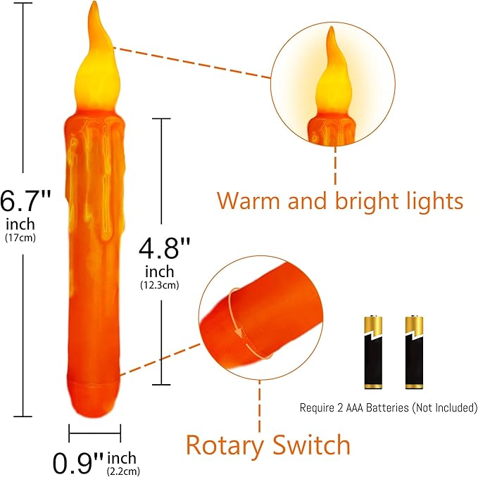 4pcs Orange Real Wax LED Tapered Candles, Battery Operated, Remote Controlled, 6inches, Perfect for Weddings, Decorations, Emergency Use