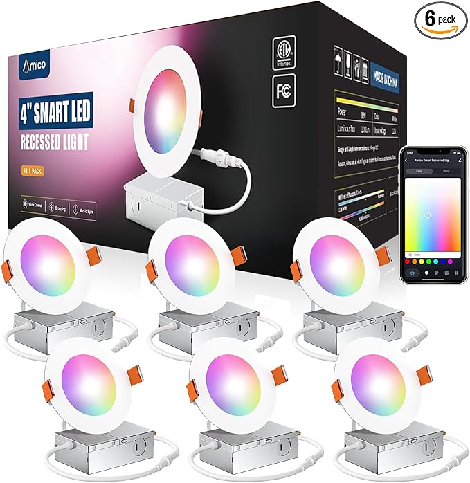 Amico 6 Pack 4 Inch Smart LED Recessed Lighting, WiFi Bluetooth Canless Downlight with Junction Box, RGB & 2700-6500K Color Changing, 10W=70W 800LM, Voice&Remote&Group Control