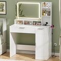 Cyclysio Fluted Vanity Desk with Mirror and Lights, Wood Makeup Vanity Desk with Power Strips, Modern Dressing Table with Drawers & Cabinet for Bedroom, White