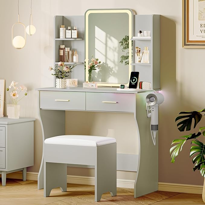 Makeup Vanity Desk with Mirror & Lights, Small Vanity Table Set for Girls with Chair & Power Outlet, Modern Dressing Table with 2 Drawers & 4 Storage Shelves, Adjustable RGB Lighting - Green