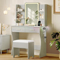 Makeup Vanity Desk with Mirror & Lights, Small Vanity Table Set for Girls with Chair & Power Outlet, Modern Dressing Table with 2 Drawers & 4 Storage Shelves, Adjustable RGB Lighting - Green