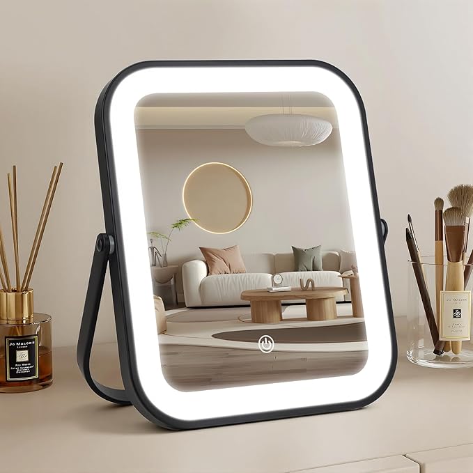 Rechargeable Vanity Mirror with Lights, 10"×8" Makeup Mirror with Lights, 1500mAH Battery, Smart Touch with 3-Color Lighting, Dimmable, HD Desk Mirror, Women Gift, Travel Essentials (Black)
