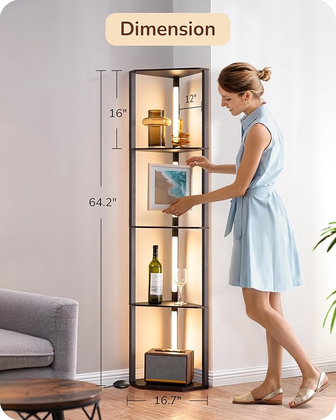 EDISHINE 64" Corner Shelf Floor Lamp for Living Room, Modern LED Corner Light with Shelves, 3CCT, Stepless Dimmable Tall Floor Light for Bedroom, Office, Dining Room, 3000K 4000K 5000K, Black Walnut