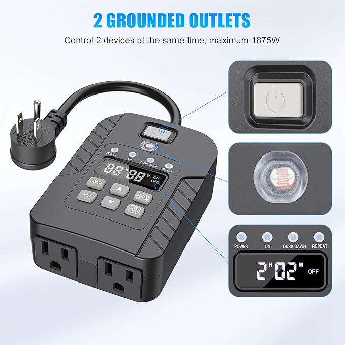 Outdoor Light Timer Waterproof, 15A, 24-Hour Plug in Outdoor Countdown Timer (2, 4, 6 or 8 Hours Mode), 100 FT Range Remote Control with 2 Grounded Outlets for Home and Garden, ETL Listed