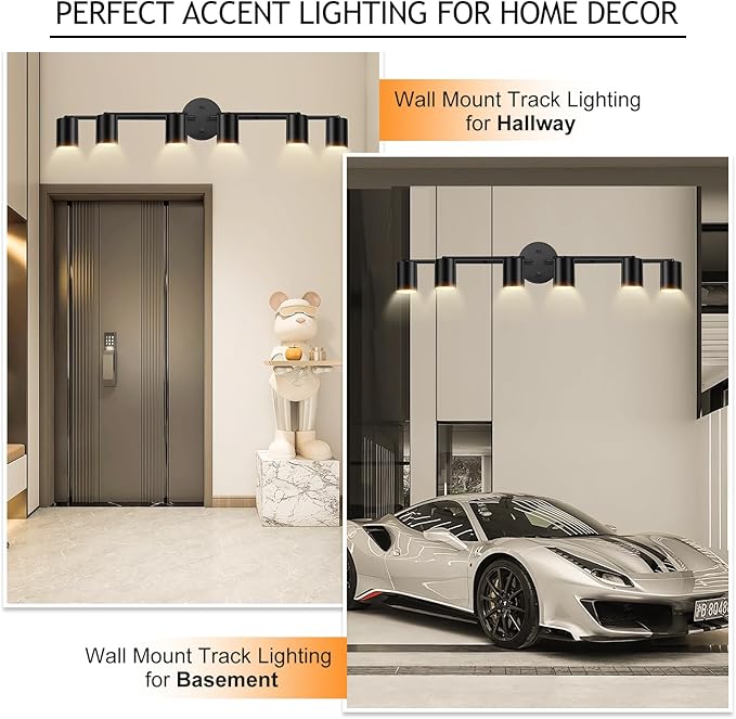 BoostArea 6 Light Track Lighting Kit, Black 6 Way Ceiling Spot Lighting, Center Swivel Track Light Heads, Flexibly Rotatable Light Head for Kitchen, Living Room, Bedroom, GU10 Bulb Not Included
