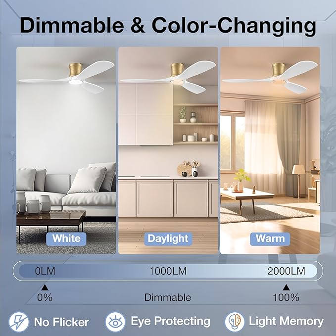 52inch Wood Ceiling Fans with Lights and Remote,Low Profile Modern Ceiling Fan with Light,Outdoor Indoor Flush Mount Ceiling fan,for Bedroom Living room Patio,White Gold,3 Blades,Reversible,Quiet