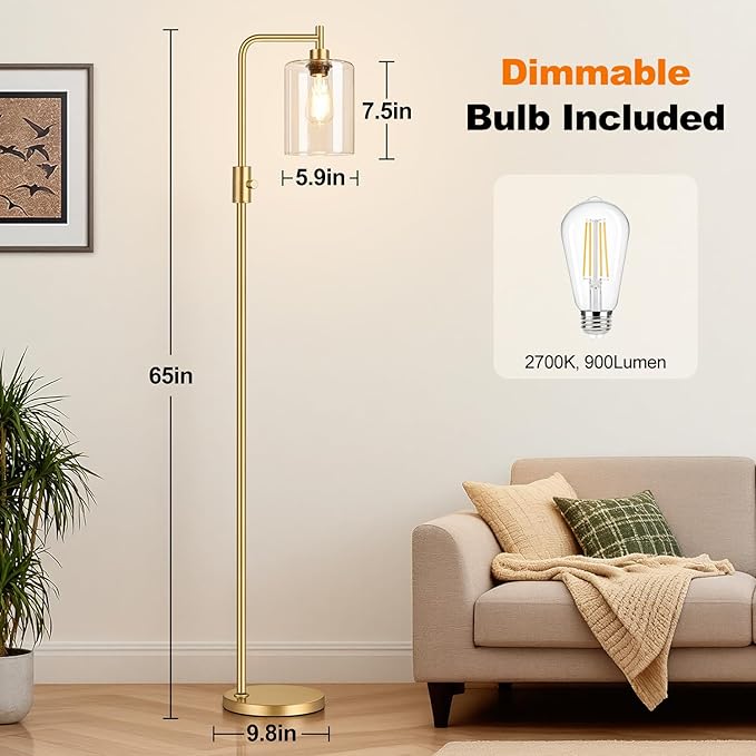 【Upgraded】Dimmable Gold Floor Lamp for Living Room with Clear Glass Lampshade, Glass Modern Floor Lamp with 900LM Edison Bulb Included, Standing Tall Lamp for Bedroom, Office, Reading Room, Corner