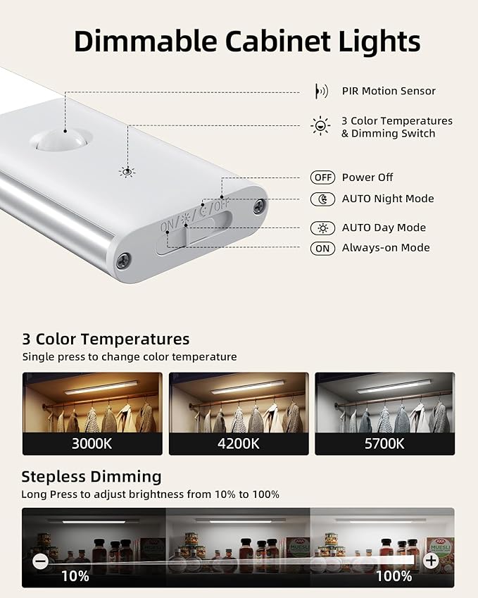EZVALO Under Cabinet Lighting, Motion Sensor Closet Lights with 3 Extra Batteries, 76 LEDs Dimmable Eye-Caring Rechargeable LED Lights, 3 Color Temps, Under Counter Lights for Kitchen, Wardrobe
