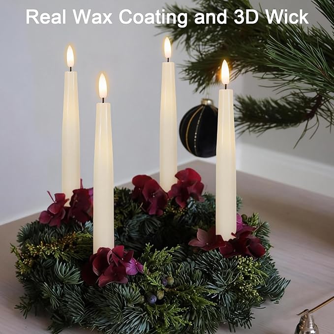 Flameless Taper Candles Battery Operated with Remote Timer, Real Wax LED Taper Candles with 3D Flickering Wick, 4 Pack Ivory Flameless Candlesticks for Spring Wedding Home Bedroom Decor