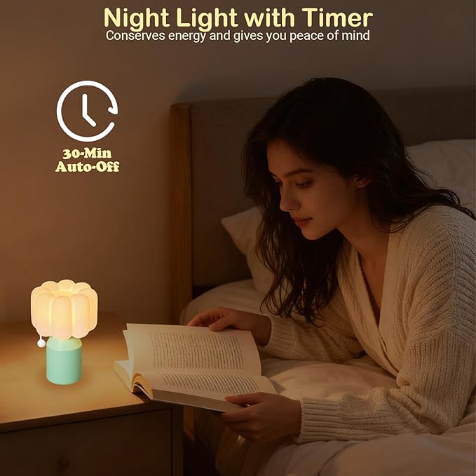 Mini Night Light for Bedroom, Flower Silicone Night Light with 30min Timer, Touch Control Dimmable Lamp with 3 Brightness Levels, LED Rechargeable Nightlight, Cute Bedside Lamp for Kids Gifts (Green)