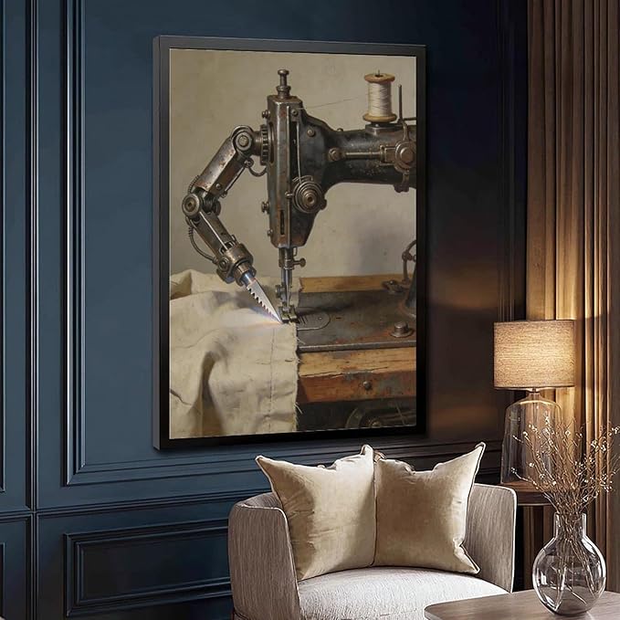 Framed Steampunk Mechanical Sewing Machine Wall Art - Retro Industrial Workshop Poster for Home Office Studio Decor 08x12in