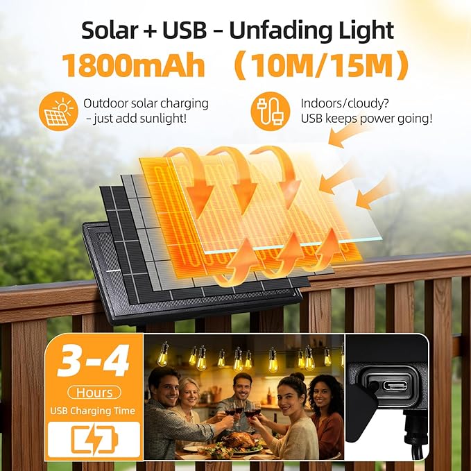 Solar Lights Outdoor Patio Lights: S14 10M 33FT Solar Powered 3 Light Modes Solar Waterproof Light - Shatterproof Bulbs - Camping Backyard Garden Deck Outside Yard