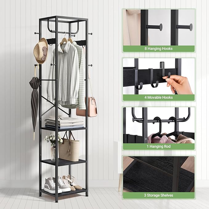 ELYKEN Coat Rack Freestanding, Hall Tree with 3 Storage Shelves and 12 Hooks, Metal Clothes Rack Stand Organizer for Bedroom, Hallway, Entryway, Office, Living Room, Black