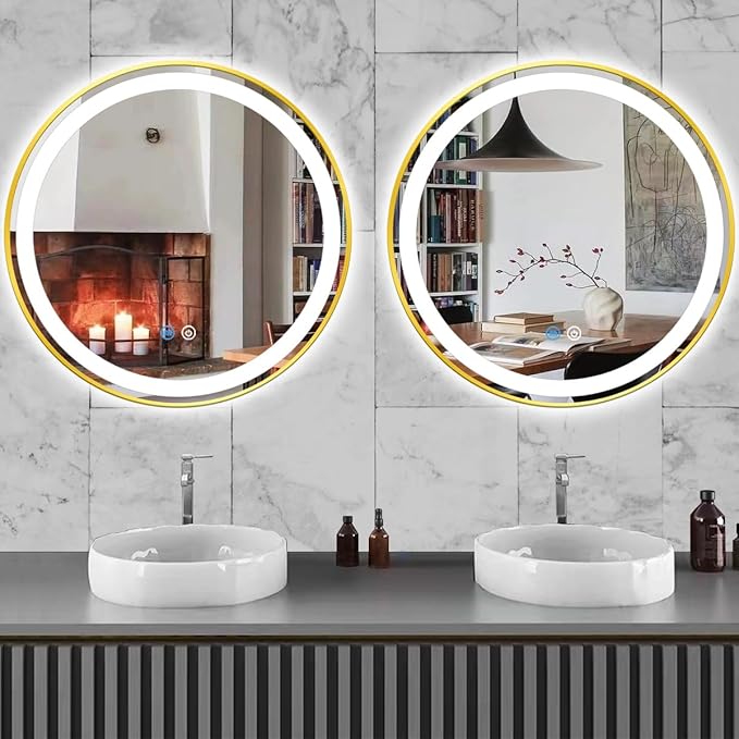 20 Inch Gold Frame LED Round Mirror with Lights Smart Memory 3 Color Dimmable Anti-Fog Gold Framed Round Lighted Mirrors for Bathroom Wall Makeup Golden Circle Round Vanity Mirror with Light