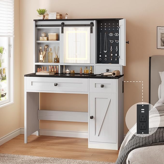 EROMMY 42" Farmhouse Makeup Vanity Desk with Lighted Mirror & Power Strips, Vanity Table with Sliding Barn Door, Open & Hidden Shelves, Drawers, Jewelry Cabinet, White Dressing Table, Light Adjustable