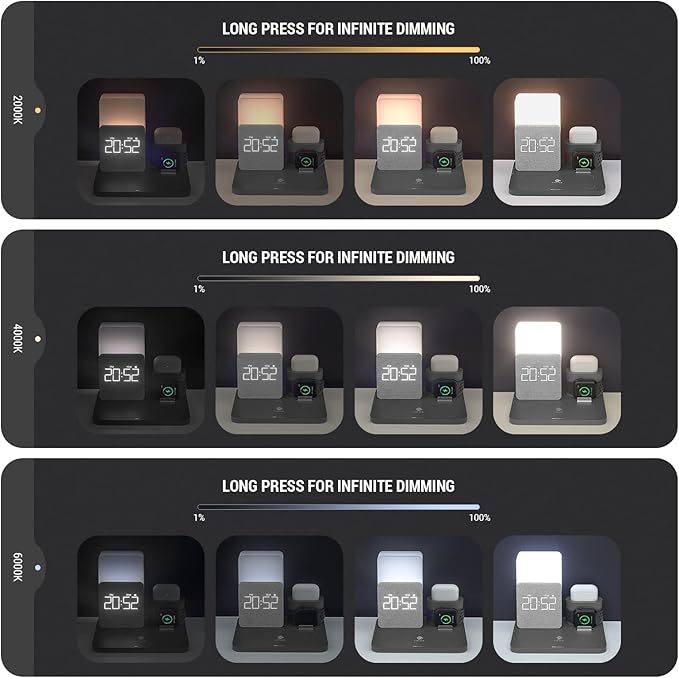 Wireless Charging Station, iPhone 3 in 1 Fast 15W Wireless Charger with Alarm Clock and Night Light, Charging Dock for iPhone 12/13/14/15/16/17 Pro/Pro Max, Samsung, AirPods